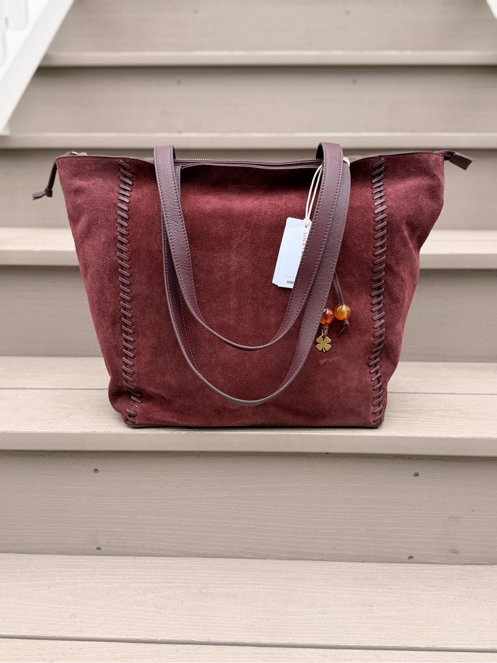 NWT Lucky Brand Burgundy Suede Leather Boho Tote Bag